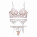 Three-piece sheer mesh lingerie set with floral embroidery bra garter and thong - S / Top And Bottom / Nude/Beige