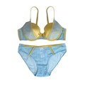 Detail of blue lace and yellow satin lingerie set featuring soft underwired bra and briefs - 70B / Yellow And Blue
