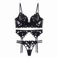 Dreiteiliges schwarzes Dessous-Set mit Blumenstickerei und Netzdetails - S / Schwarz