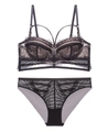 Schwarzes Spitzen-Dessous-Set mit Criss-Cross-Riemchen und goldenen Metallschnallen - 75B / Schwarz