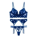 Ensemble de lingerie 3 pièces en dentelle bleu foncé avec soutien-gorge et jarretière - S / Bleu
