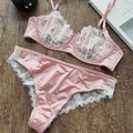 Completo intimo sexy in pizzo rosa stile francese con reggiseno e slip in raso - M / Rosa