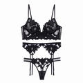 Ensemble lingerie sexy trois pièces en dentelle noire avec broderie et maille fine - S / Noir