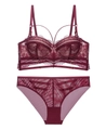 Dunkelburgunderrotes Spitzen-Lingerie-Set mit Push-up-BH und passendem Slip mit Riemendetails - 75B / Burgunderrot