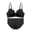 Seamless black wire-free lingerie set with V-neck lace detail and matching panties - 70B / Top And Bottom / Black