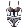 Set lingerie stile corsetto francese in rete nera e fodera nuda con supporto a stecche - S / Nero