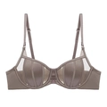 Front closure bra with sheer mesh panels and scalloped shell texture in dark latte color - 70A / Coffee