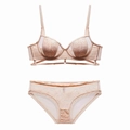 Detail of floral lace lingerie set with underwire bra and matching panties in dusty pink - 70A / Pink