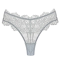 Detail of light blue-grey lace thong showing fine floral mesh and eyelash trim edges - Gray
