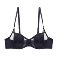 Black front-closure plunge bra with satin stripes and mesh panels for women - 70A / Black