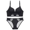 French style U-shaped seamless black lingerie set with mesh detail and push-up bra - 70A Thick Cup / Black