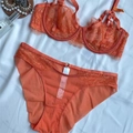 Vibrant orange French eyelash lace lingerie set with wired bra and matching panties - 70B / Orange