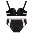 Seamless black deep V push up bra and lace panty set with adjustable straps - 70B / Top And Bottom / Black