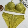 Grasgrünes Spitzen-Dessous-Set mit Blumenstickerei und überkreuzten Trägern - 70B / Gelb & Grün