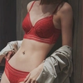 Red French lace lingerie set with U-back bra and matching sheer mesh panties - 70B / Red