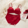 Seamless red wireless bra set with thin straps and matching panties in festive red - 70B / Top And Bottom / Red