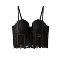 Elegant black floral lace corset top with slim shoulder straps and sheer details - 70B / Tops / Black