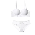 Sexy white lingerie set featuring smooth push-up bra and mesh panties with cross straps - 75C / White