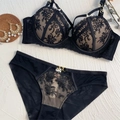 Ensemble lingerie sexy en dentelle brodée noire avec soutien-gorge et culotte assortie - 80C / Noir