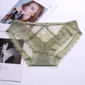 Detail of olive green lace panties featuring a satin bow and delicate floral patterns - Green