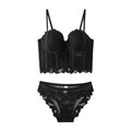 Elegant black lace bustier corset and panty set with floral embroidery and mesh details - 70B / Top And Bottom / Black