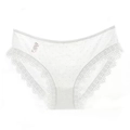 Detail of white lace mesh panties featuring polka dot patterns and eyelash lace edges - M / White