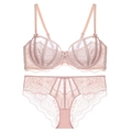 Completo intimo in pizzo francese con reggiseno a ferretto e slip trasparenti in rosa - 70B / Nudo