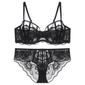 Completo intimo in pizzo nero stile francese con reggiseno con ferretto e slip a vita alta - 70B / Nero