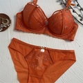 Dessous-Set aus Spitze in leuchtendem Orange mit Kreuzgurten und transparentem Slip - 70B / Orange