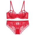 Elegante set di lingerie in pizzo floreale rosso con reggiseno con ferretto e slip - 70B / Rosso
