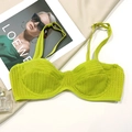 Detailed close-up of vibrant neon green lace mesh bra with adjustable thin straps - Green