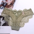 Detailed close-up of olive green lace panties with floral patterns and V-shaped cutout back - Green