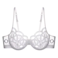 Dettagli del reggiseno in pizzo bianco ricamato con ferretto e rete traslucida - S / Bianco
