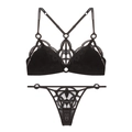 Detail of black lace lingerie set with mesh embroidery and metallic ring connectors - M / Top And Bottom (Thong Style) / Black