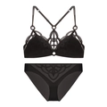 Détails à plat d'un ensemble de lingerie en mesh noir avec broderie et lanières croisées - S / Noir + Culotte