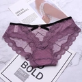 Purple plus size lace panties with sheer mesh and a gold heart buckle detail - Purple