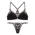French sexy black lace lingerie set with mesh embroidery and hollow geometric design - M / Top And Bottom / Thong Style / Black