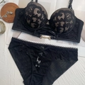 Elegant black lace lingerie set with gold horsebit detail and push-up underwire support - 70B / Top And Bottom / Black