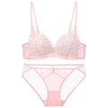 Conjunto de lencería de encaje francés rosa con bordado floral y malla transparente - 70B / Rosa