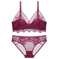 French lace lingerie set with wireless triangle cup bra and sheer mesh panty in deep burgundy - Burgundy