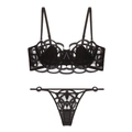 Ensemble de lingerie française en dentelle noire avec motifs géométriques élégants - Noir Et String
