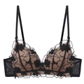 French style sexy black lace bra with floral embroidery and mesh wings for women - Black