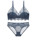 Dunkelblaugraues französisches Spitzen-Dessous-Set mit Triangel-BH und Slip - S / Königsblau