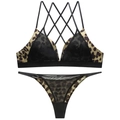 Sexy Leopard-Dessin Set aus Mesh mit bügellosem Triangel-BH und passendem Tanga - S / Kaffeebraun