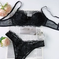 Conjunto de lencería de encaje negro estilo francés con bordado y aros - S / Negro
