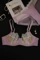 Detailed flat lay of lavender lace lingerie set with eyelash lace and accessories - 75B / White Purple
