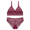 Elegant wine red lace lingerie set with wireless triangle bra and scalloped panties - S / Top And Bottom / Burgundy