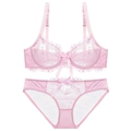 Sexy blassrosa Dessous-Set aus transparenter Spitze mit Blumenstickerei und Schleife - 70A / Hellrosa