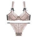 Dessous-Set aus rosa-schwarzer Blumenspitze mit Bügel-BH und passendem Slip - 70A / Kaffeebraun