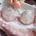 Dessous-Set aus rosa Blumenstickerei mit Spitzendetails und transparentem Netz - 70A / Rosa